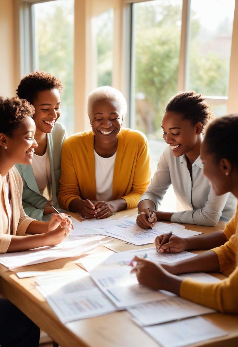 A diverse group of patients sitting together in a sunlit room, sharing stories and laughter, surrounded by financial documents, charts, and illustrations of growth and support. The ambiance is warm and inviting, with soft colors that depict hope and resilience. Include elements of teamwork, such as hands joined or supportive gestures, to convey encouragement. cheerful and heartfelt illustrations. vibrant colors. soft-focus background.
