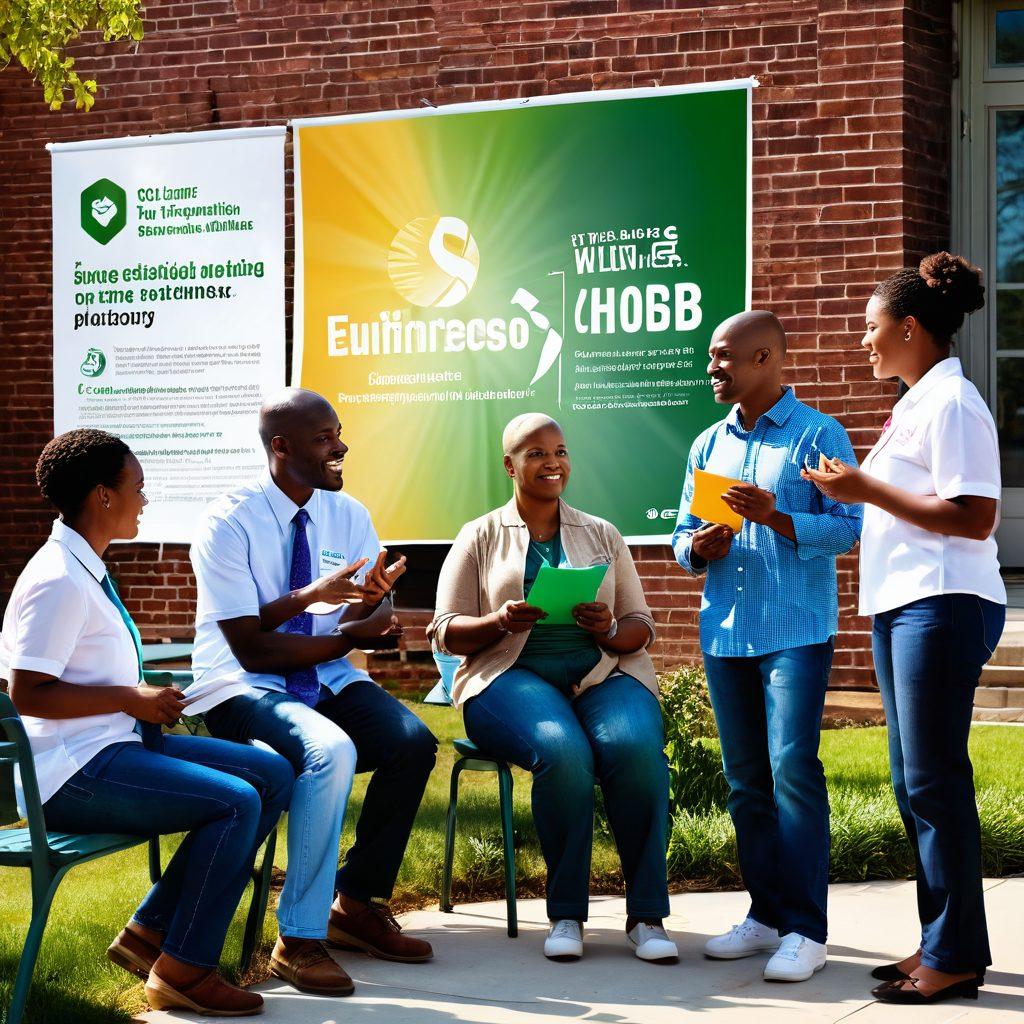 An inspiring scene depicting a diverse group of individuals engaging in community discussions about cancer awareness and financial literacy, with informational posters in the background. A prominent symbol of hope, such as a green ribbon, is featured along with financial charts and cancer awareness materials. Bright sunlight filters through, creating an uplifting atmosphere. super-realistic. vibrant colors. outdoor setting.